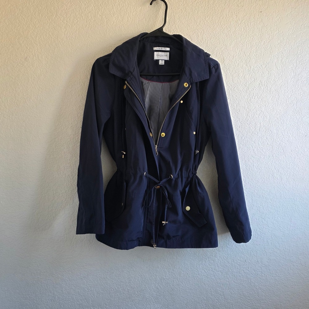 Charter Club Womens Navy Blue Anorak Jacket Sz PM Water Resistant Hooded